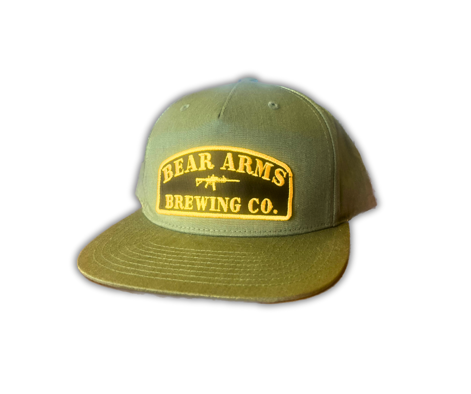 Bear Arms Snapback Hat featuring a patch that displays the "Bear Arms Brewing Co." logo with an AR-15 in the center.