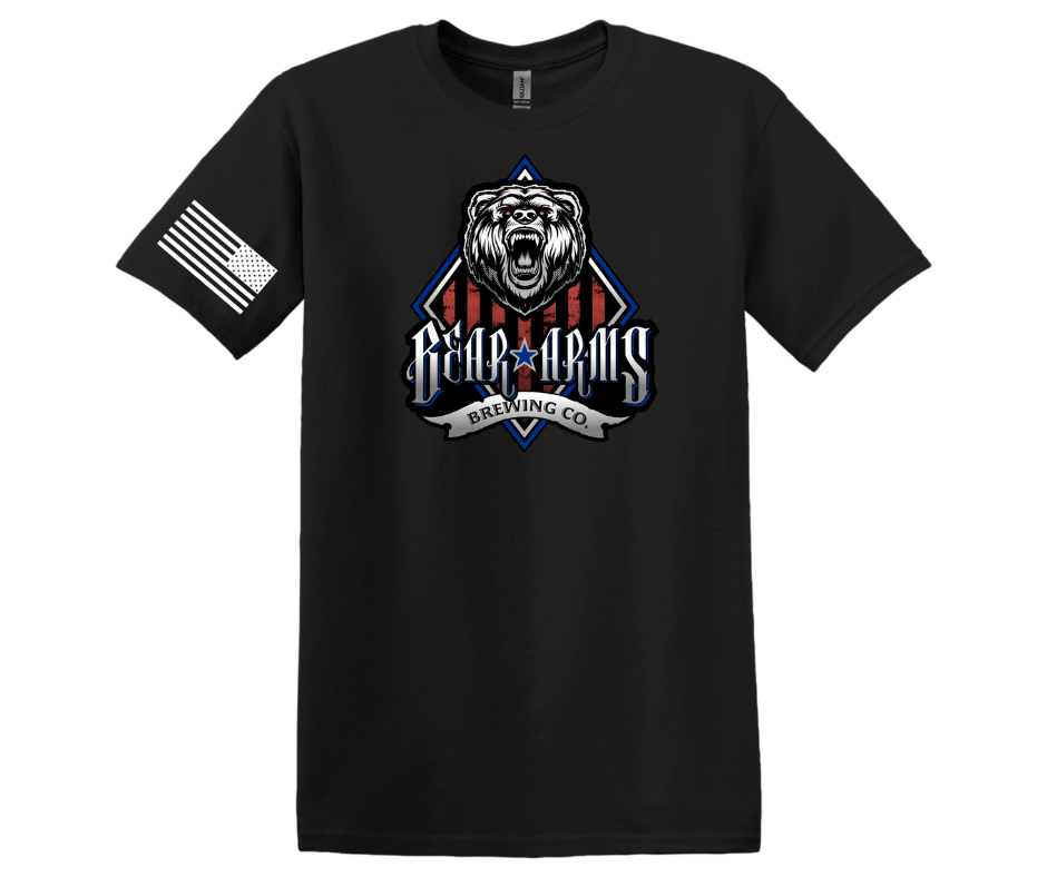 Gear up in style with our black t-shirt featuring Bear Arms Brewing Company Logo