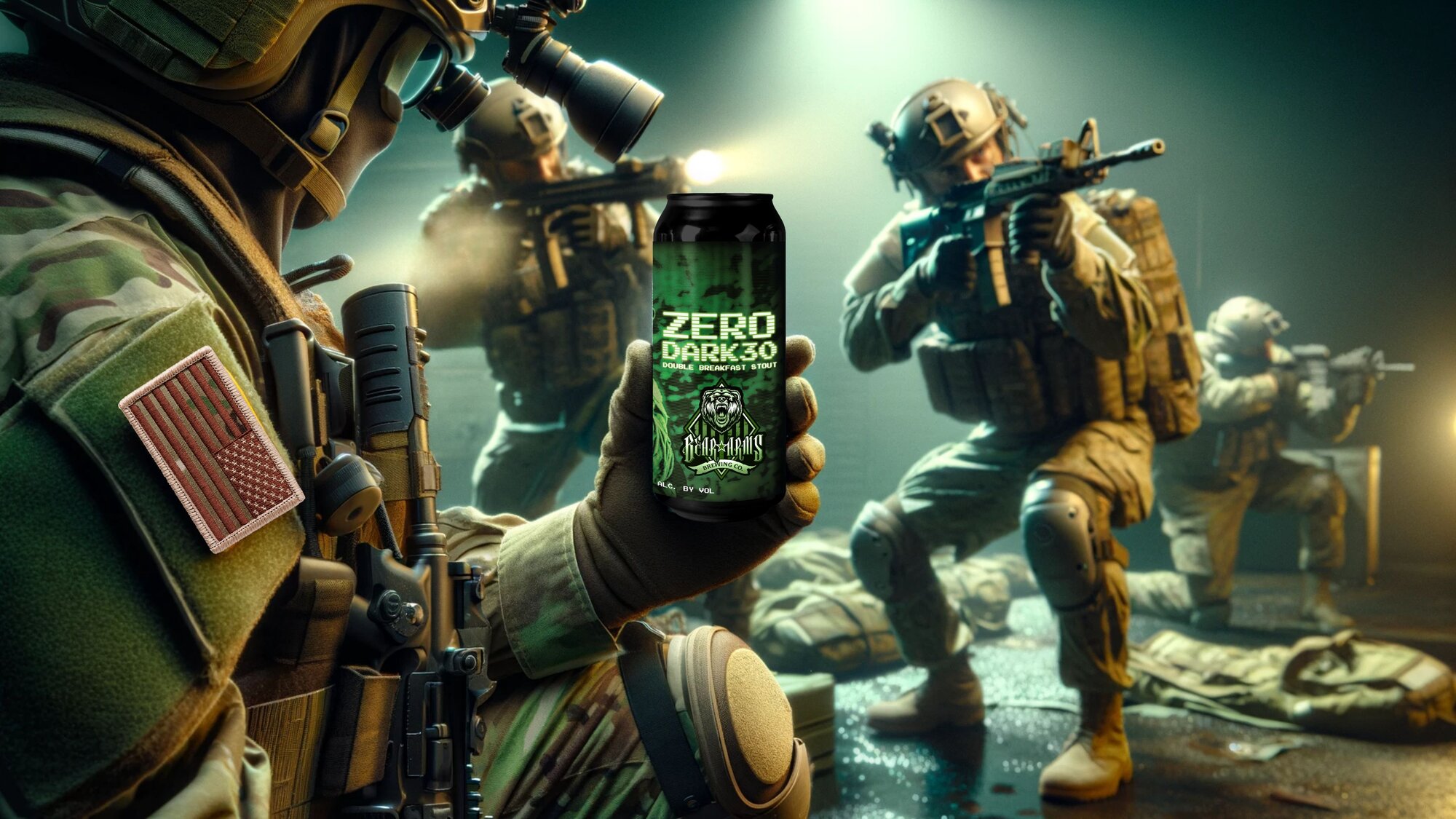 Soldiers in combat holding a Zero Dark 30 Double Breakfast Stout Can