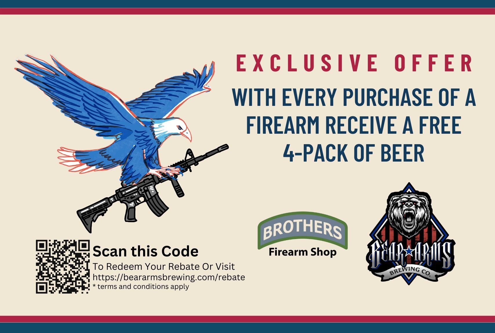 Eagle flying with an AR-15 and text describing Beer Rebate Offer from Brothers Firearm Shop and Bear Arms Brewing Company 