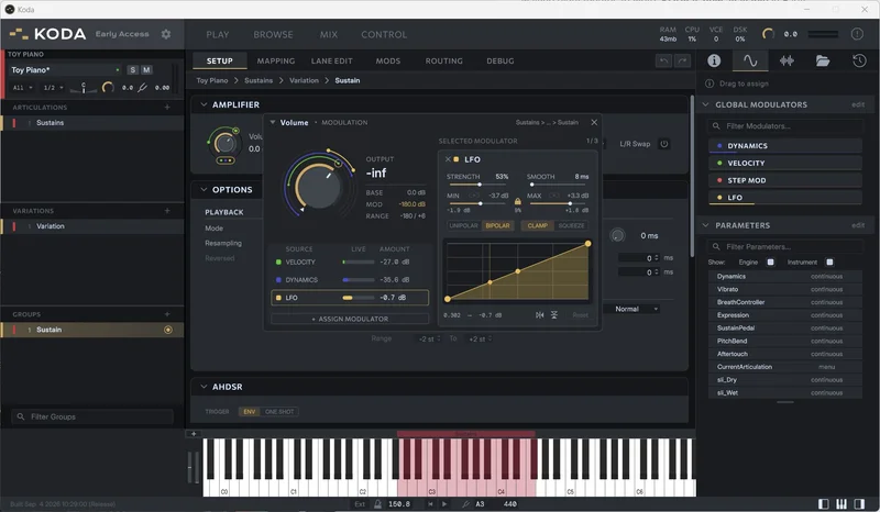 Modulation editor: Volume destination with velocity, dynamics, and LFO sources and a bipolar curve