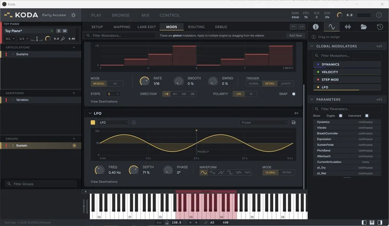 Mods view: global LFO and step modulators with a rhythmic step sequencer and LFO waveform editor