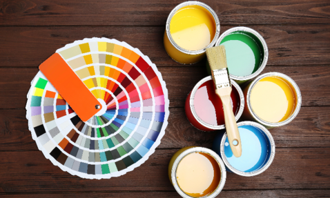 Paint cans with a color palette