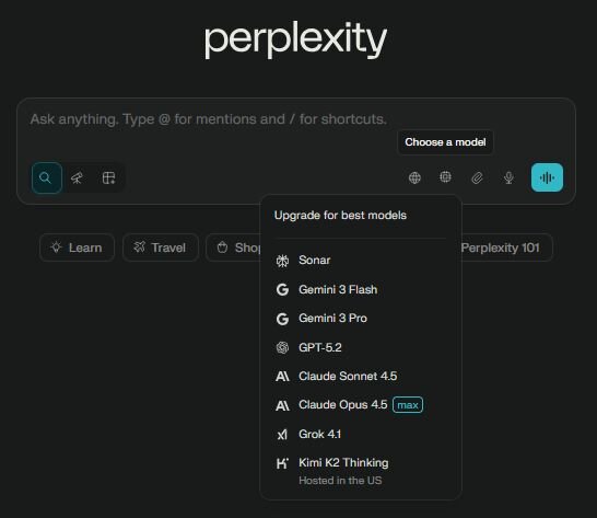 Perplexity Model Selection Screen