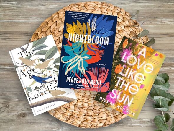 3 books laying on floor: The Age of Loneliness: Essays by Laura Marris. A Love Like the Sun by Riss M. Nelson. 
The Planet's Most Spiritual Places: Sacred Sites and Holy Locations Around the World by Malcolm Croft