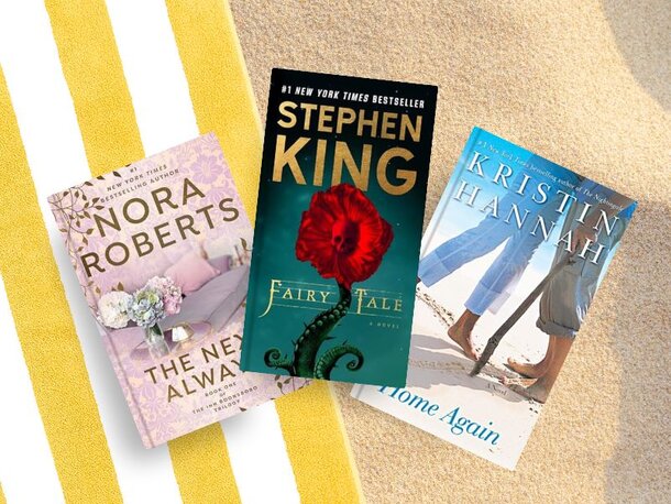 3 books lying on a beach. The Next Always (Inn Boonsboro Trilogy, Bk. 1) by Nora Roberts. Fairy Tale by Stephen King. Home Again by Kristin Hannah