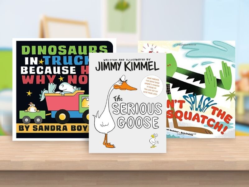 Books standing on shelf. Dinosaurs in Trucks Because Hey, Why Not? by Sandra Boynton. The Serious Goose by Jimmy Kimmel. Don't Splash the Sasquatch! by Kent Redeker