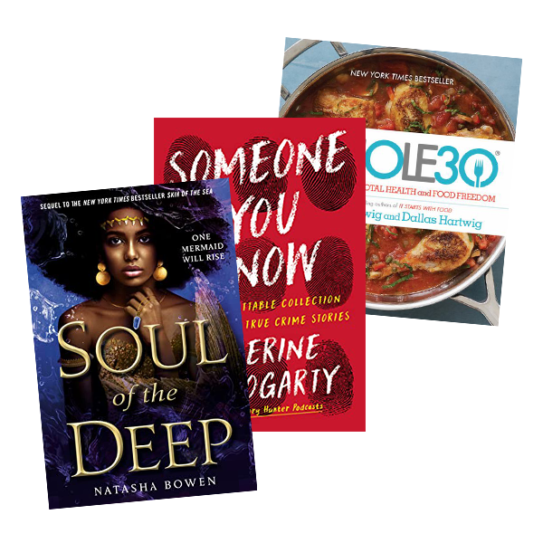 3 books stacked: Soul of the Deep (Of Mermaids and Orisa, Bk. 2) by Bowen, Natasha. Someone You Know: An Unforgettable Collection of Canadian True Crime Stories by Fogarty, Catherine. The Whole 30: The 30-Day Guide to Total Health and Food Freedom by Hartwig, Melissa