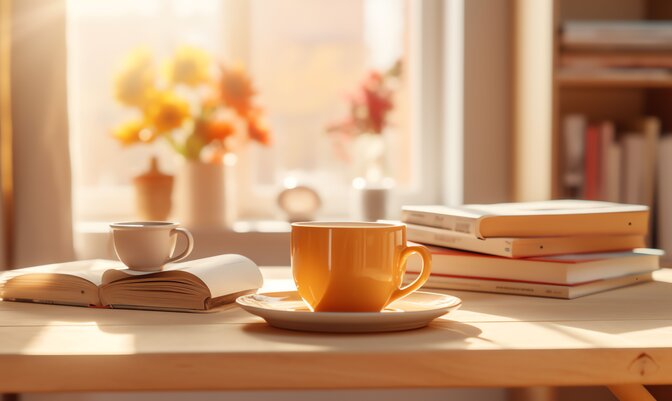 Table with a mug and open books while sunlight is shining through the window