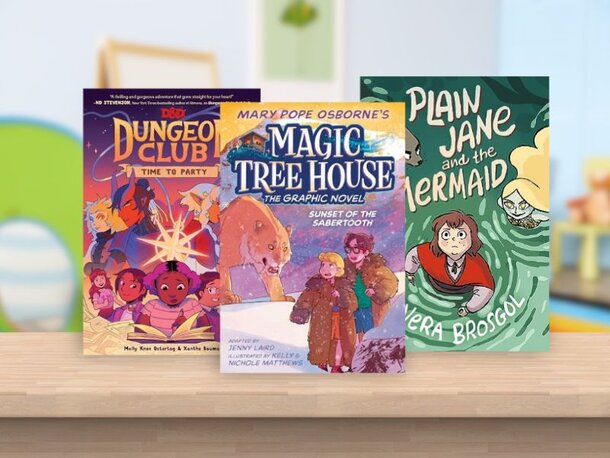 Books standing up on shelf. Time to Party (Dungeons & Dragons: Dungeon Club, Bk. 2) by Molly Knox Ostertag. Sunset of the Sabertooth (Magic Tree House, Volume 7) by Mary Pope Osbourne. Plain Jane and the Mermaid by Vera Brosgol. 