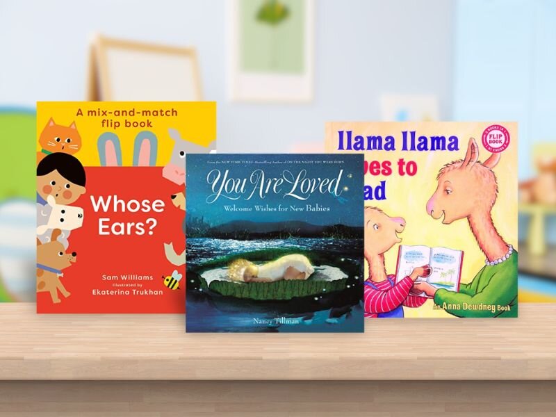 Kids' Markdown books standing up on shelf: Whose Ears? (A Mix-and-Match Flip Book) by Sam Williams. You Are Loved: Welcome Wishes for New Babies by Nancy Tillman. Llama Llama Loves to Read/Llama Llama Back to School (2 Books in 1 Flip Book) by Anna Dewdney