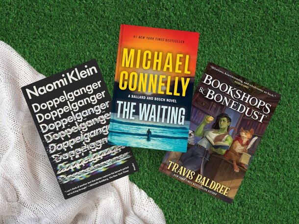 3 books laying out. Doppelganger by Naomi Kein. The Waiting (Ballard and Bosch, Bk. 6) by Michael Connelly. Bookshops & Bonedust (Legends & Lattes) by Travis Baldree 