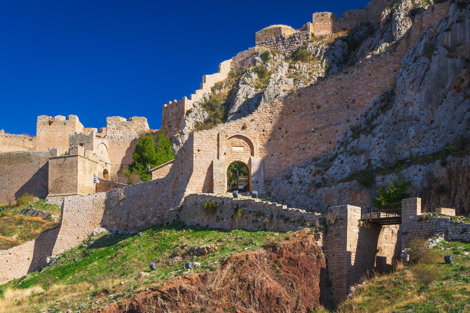 The mighty ancient fortifications of Acrocorinth in the Peloponnese.