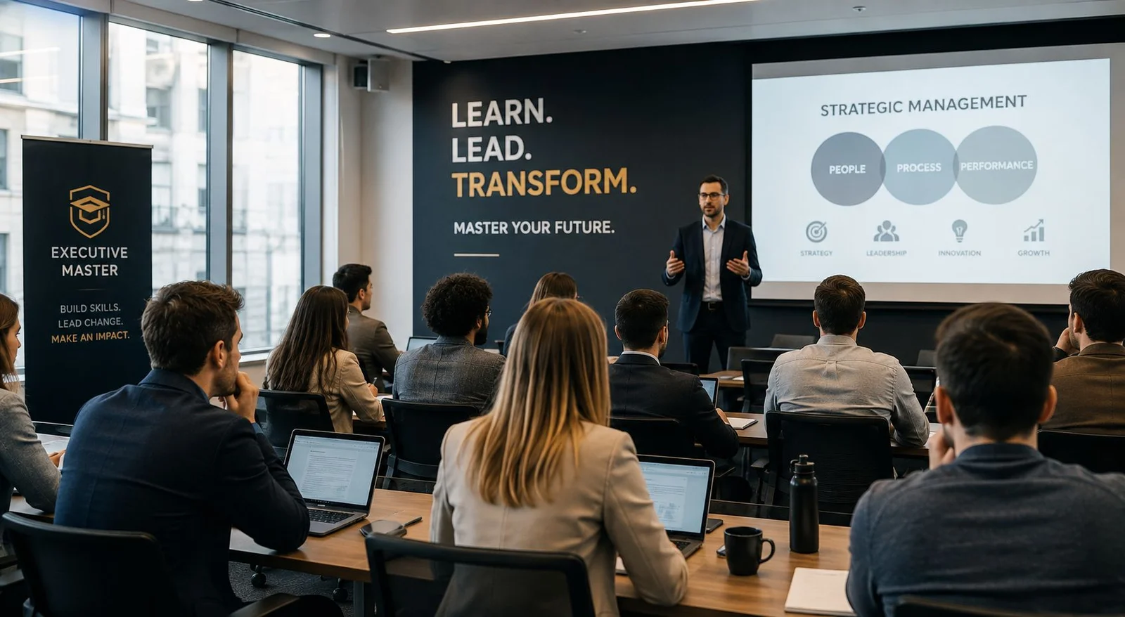 Aula di un master executive con docente alla lavagna e professionisti in formazione ai banchi