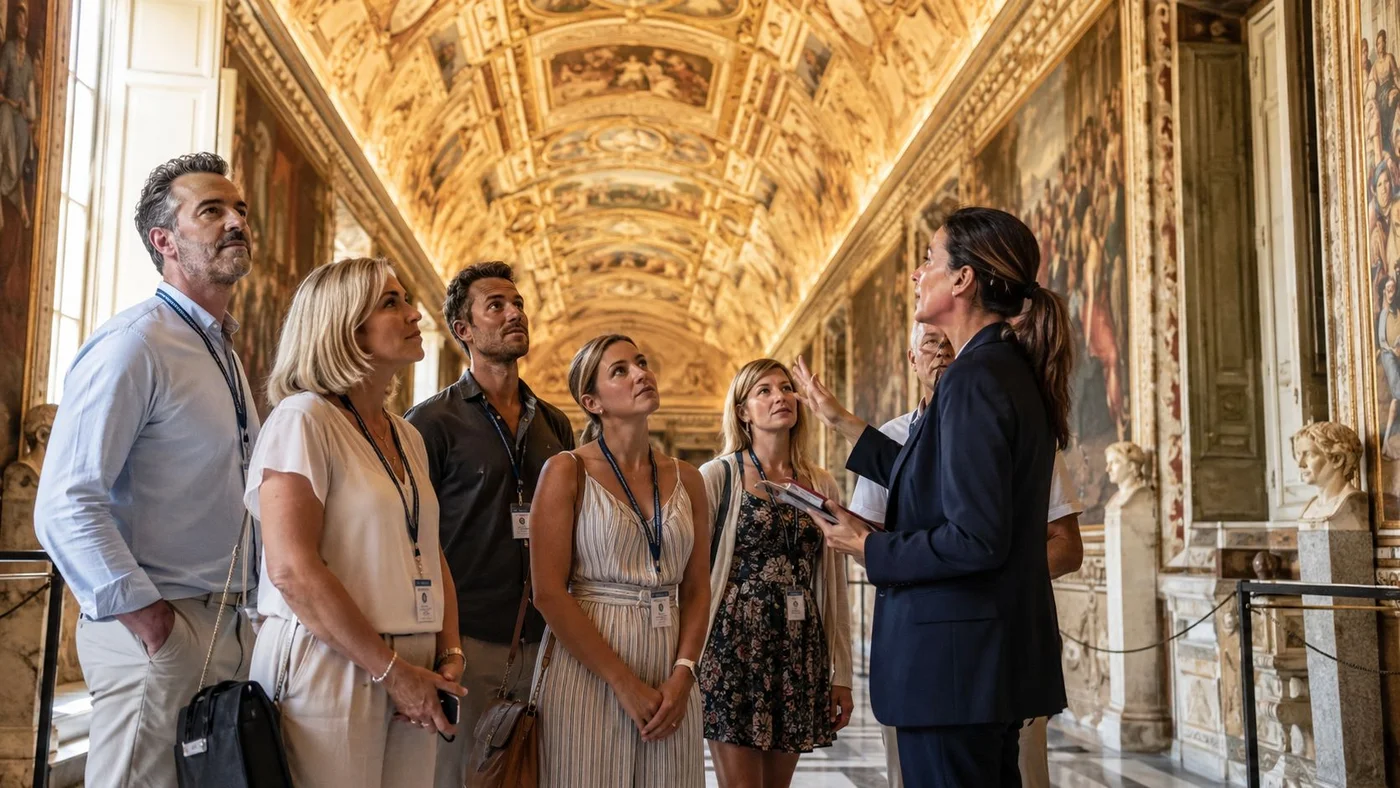 Tour guide explaining the frescoes of a historic gallery to a group of visitors
