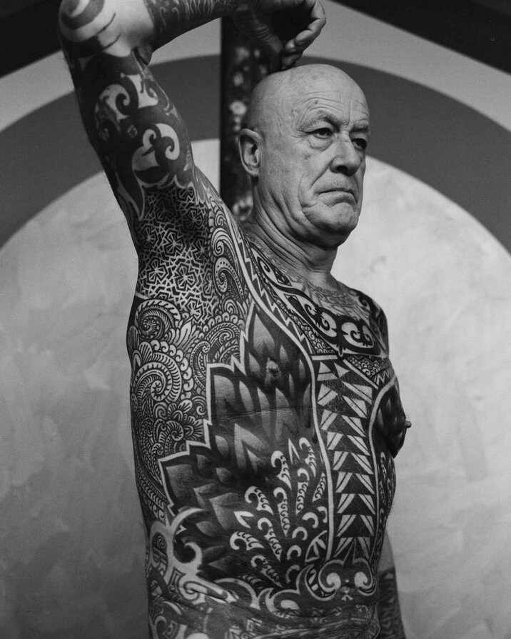 Blackwork body suit on man