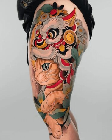 Gian Karle Colorful Cat Thigh Tattoo