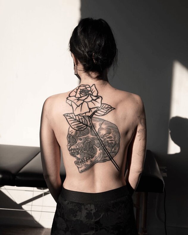 Black Work Rose Tattoo on Back