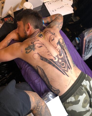 Evan Duswalt's back tattoo done by Lalo Yunda and Marrow