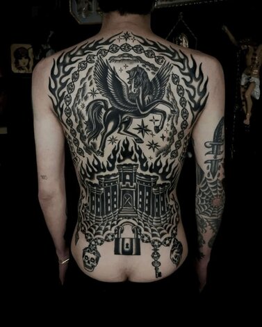 Austin Maples Traditional Black and Grey Back Tattoo of an Eagle