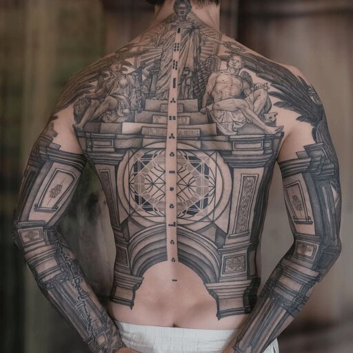 Black Work Tattoo Design of Architecture on Man's Back