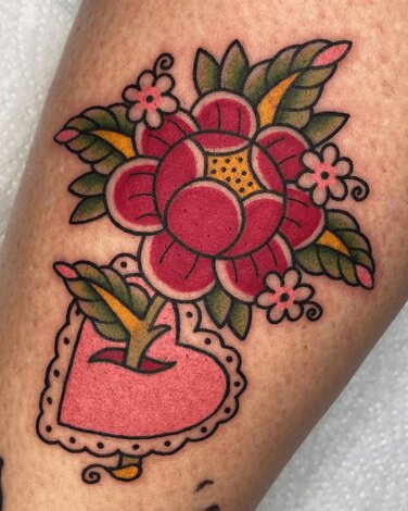 Heavy Petal Flower and Heart Tattoo