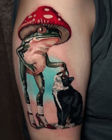 Angela Wood Toad in Mushroom Hat with Cat Tattoo