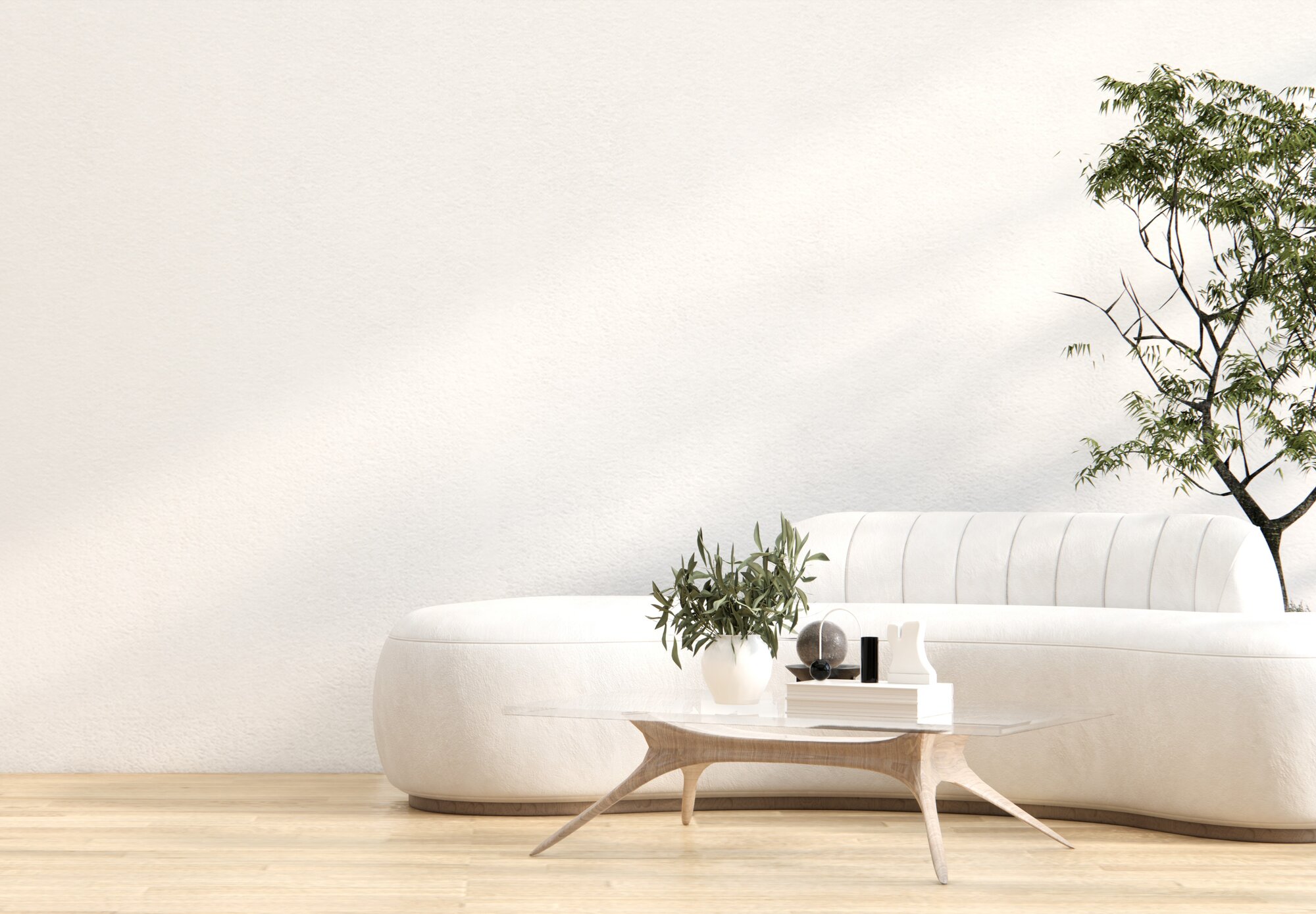 Ausschnitt eines Raums mit Sofa, Pflanzen und Dekoration