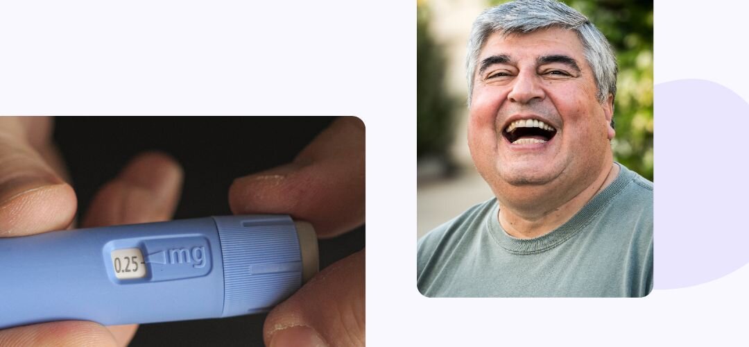 Abnehmspritze und ein 45+ Mann der in die Kamera lacht