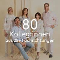 Text "80 Kolleg:innen aus 25+ Fachrichtungen" über haelsi Gruppenfoto