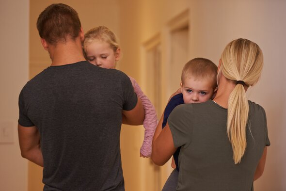 Parents taking there children to their rooms, together