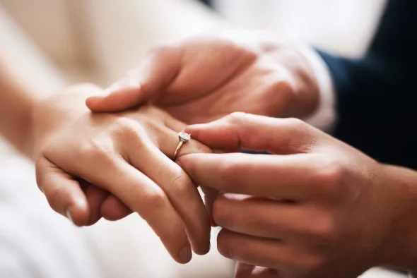 A close up image of an engagement ring