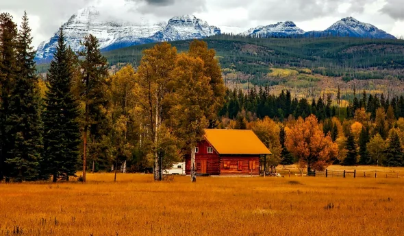 Rustic cabin surrounded by autumn trees in a meadow, with snow-covered mountains in the background, representing rural property and scenic landscapes, ideal for discussions on property division.