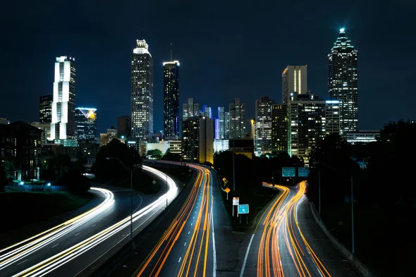 An image showing the skyline of Atlanta, Georgia at night.