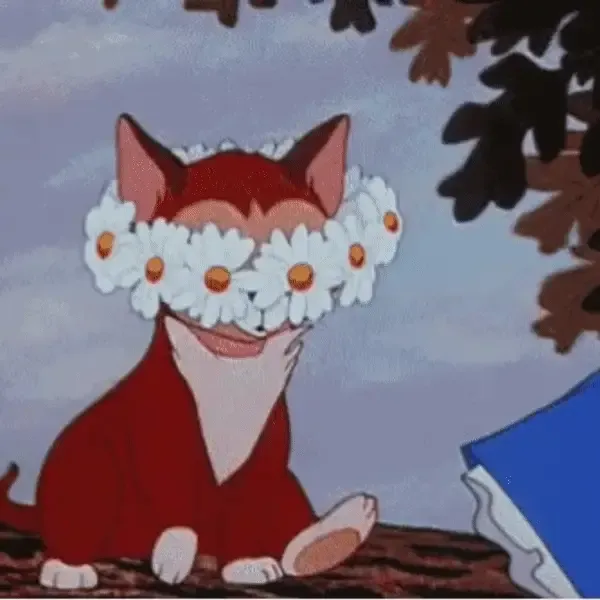A gif of a cartoon cat throwing a crown of flowers.