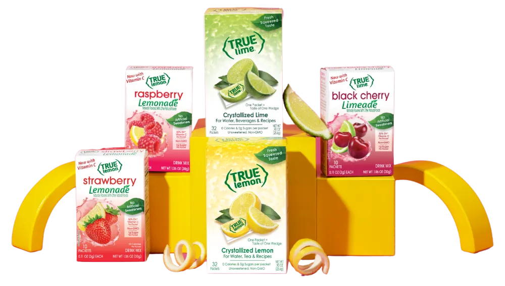 An arrangement including True Lemon, True Lime, Raspberry Lemonade, Strawberry Lemonade and Black Cherry boxes