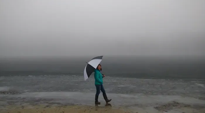 Anna is standing on a beach with cloudy weather. She is holding an umbrella.