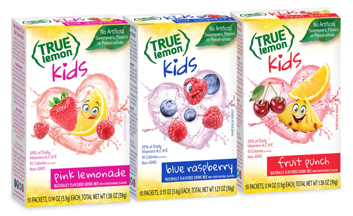 A box of True Lemon Kids Pink Lemonade, Blue Raspberry, and Fruit Punch.