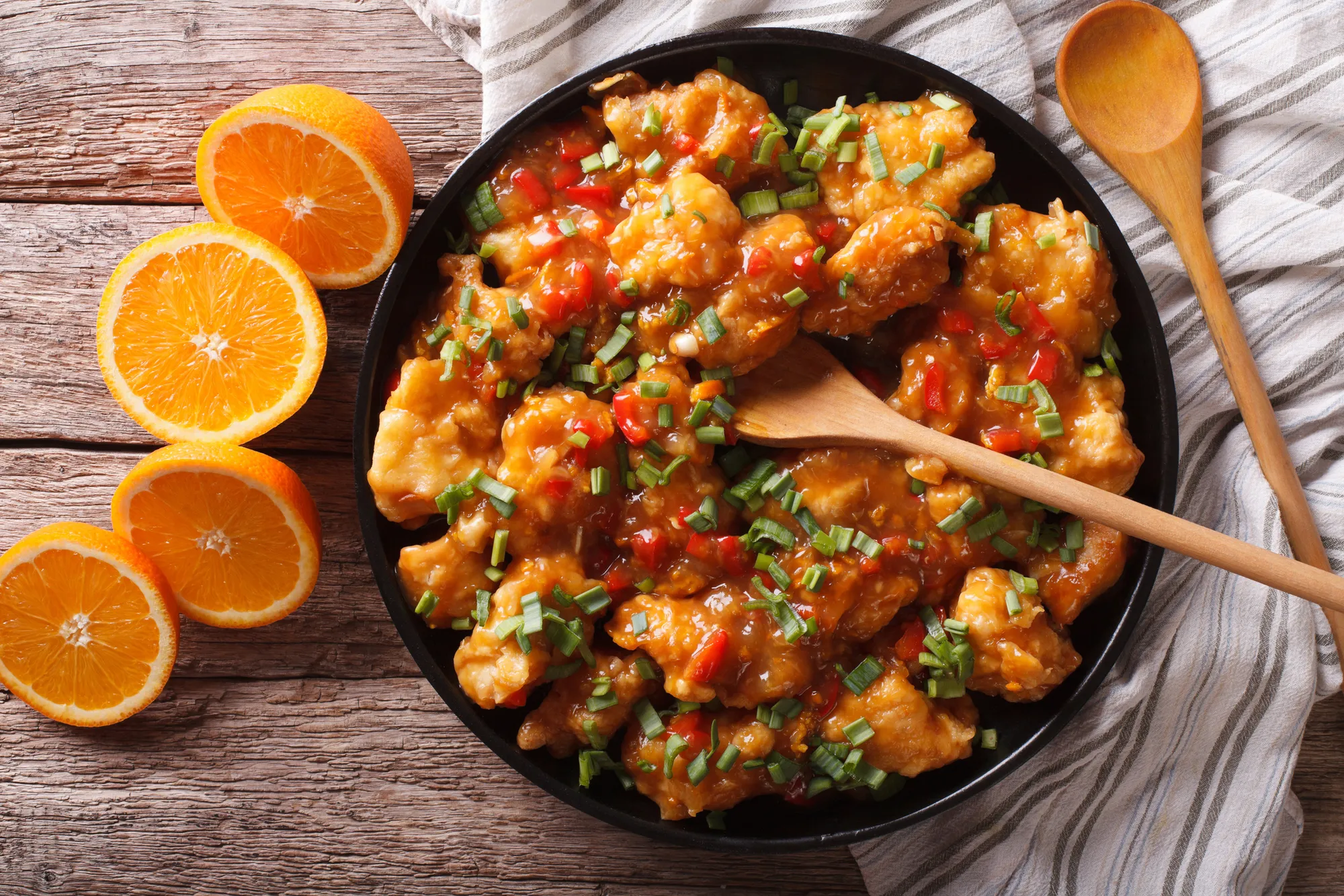 orange chicken in sweet and sour sauce on a plate close-up on the table. horizontal view from above