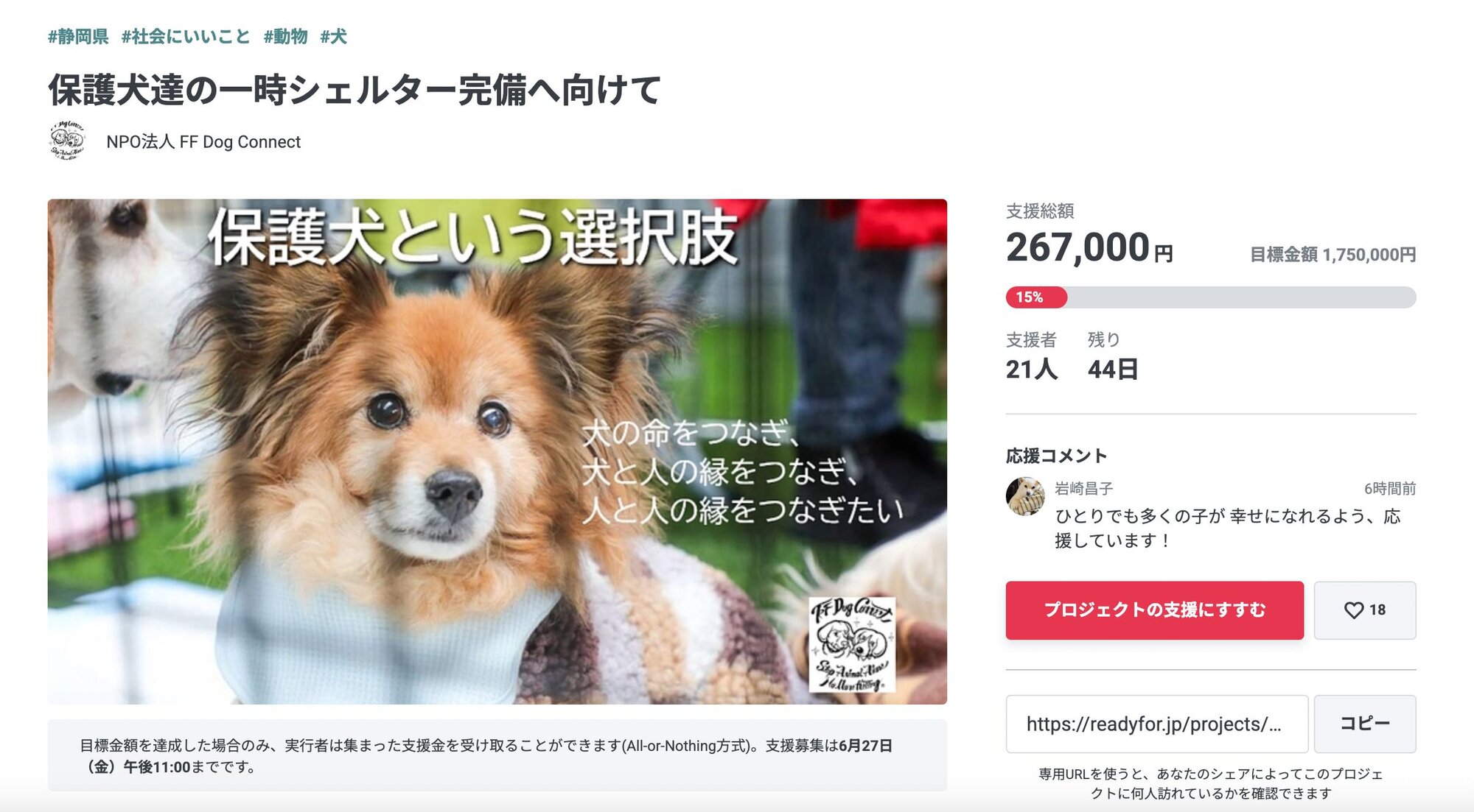 【クラウドファンディング開催中の保護団体】NPO法人 FF Dog Connect