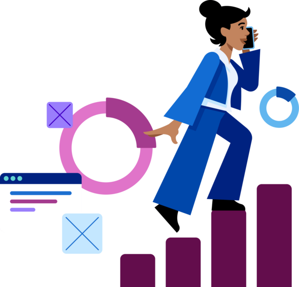 Illustration of a woman in a blue suit talking on the phone while stepping up bar chart steps, surrounded by data graphics.