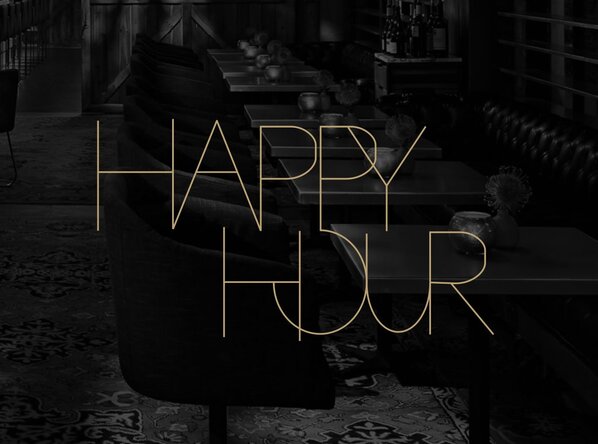 Happy Hour headline overlaying a moody, dimly lit restaurant bar with empty tables