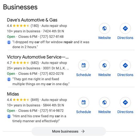 Local search results for auto repair shops including Dave's Automotive & Gas, Victory Automotive Service, and Midas.
