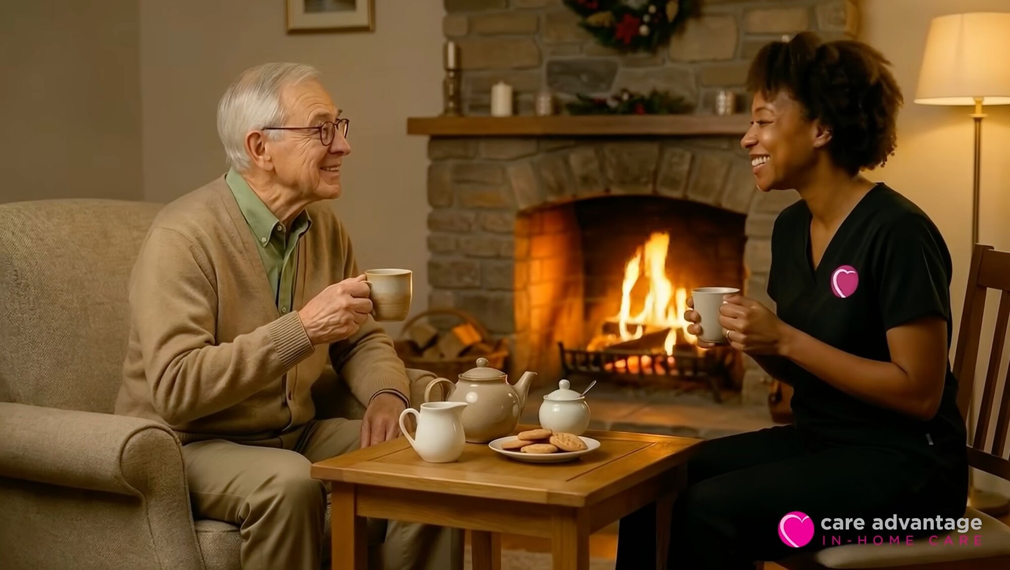 Caregiver and senior man sharing tea by a fireplace, featuring Care Advantage In-Home Care logo.