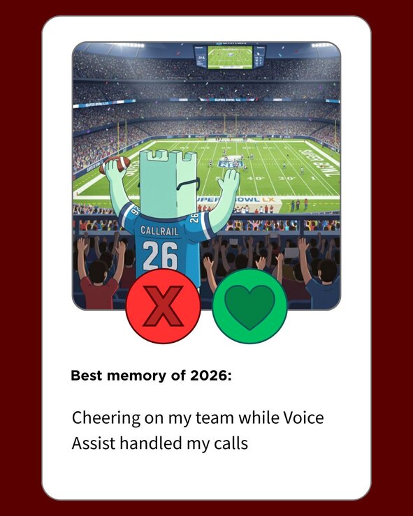 A dating app-style profile card showing a cartoon green castle mascot standing in a football stadium, holding a football and wearing a jersey with the number 26. The text reads: "Best memory of 2026: Cheering on my team while Voice Assist handled my calls."