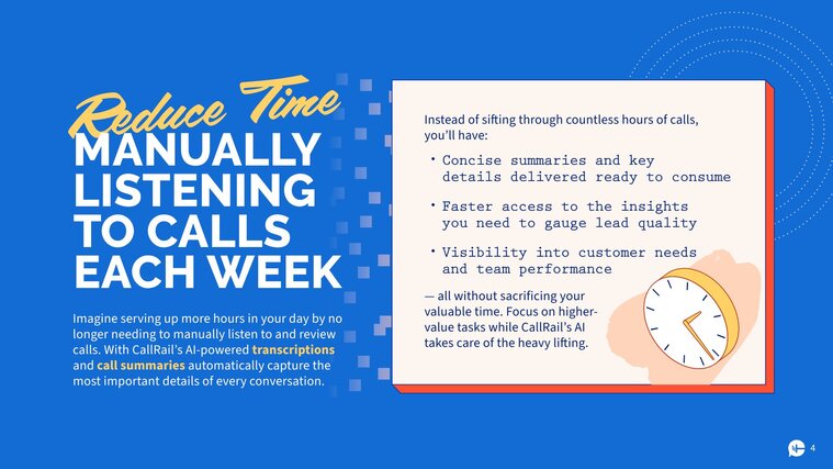 Imagine serving up more hours in your day by no longer needing to manually listen to and review calls. With CallRail’s AI-powered transcriptions and call summaries automatically capture the most important details of every conversation. Instead of sifting through countless hours of calls, you’ll have:
Concise summaries and key details delivered ready to consume
Faster access to the insights you need to gauge lead quality. Visibility into customer needs and team performance— all without sacrificing your valuable time. Focus on higher-value tasks while CallRail’s AI takes care of the heavy lifting.