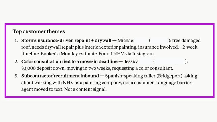 Top customer themes list highlighting storm damage repair, color consultation for move-in, and subcontractor recruitment calls.