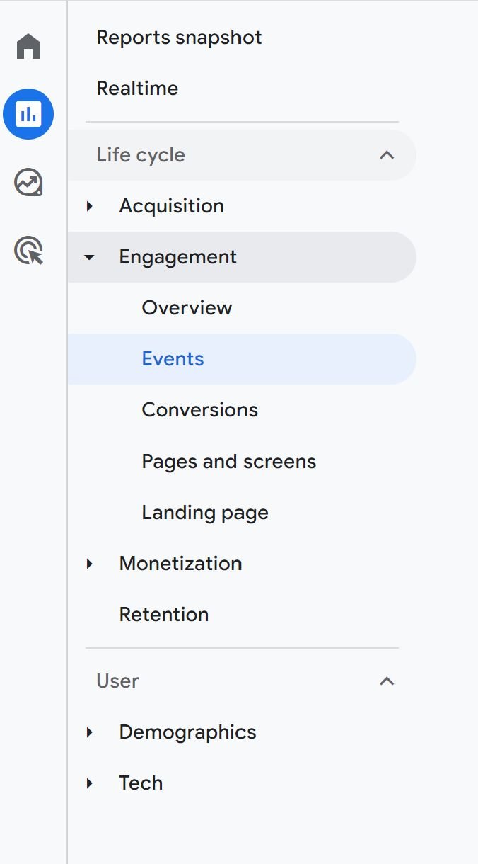 A screenshot from Google Analytics 4 shows where to select Events in your Admin console.