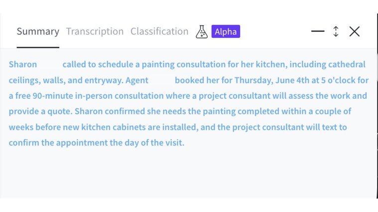 CallRail Conversation Intelligence summary tab showing AI-generated call details for a scheduled painting consultation.