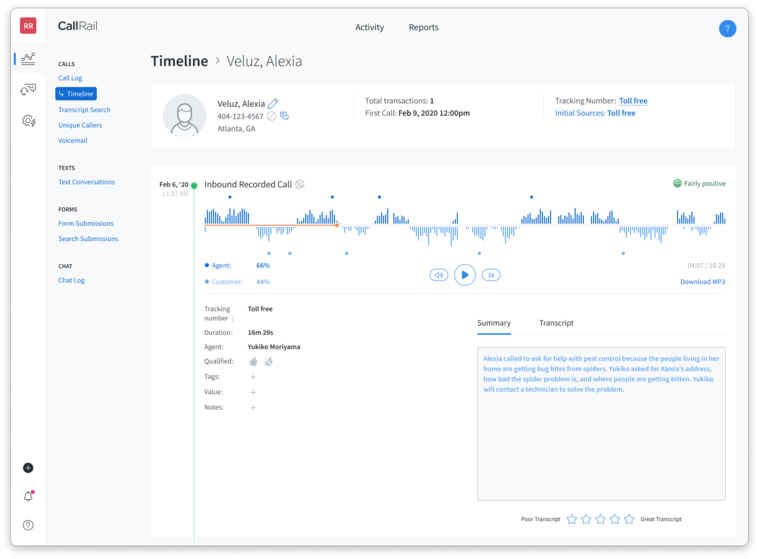 product screenshot of call summaries timeline